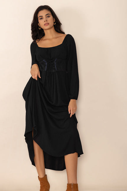 Lace-Up Square Neck Long Sleeve Midi Dress