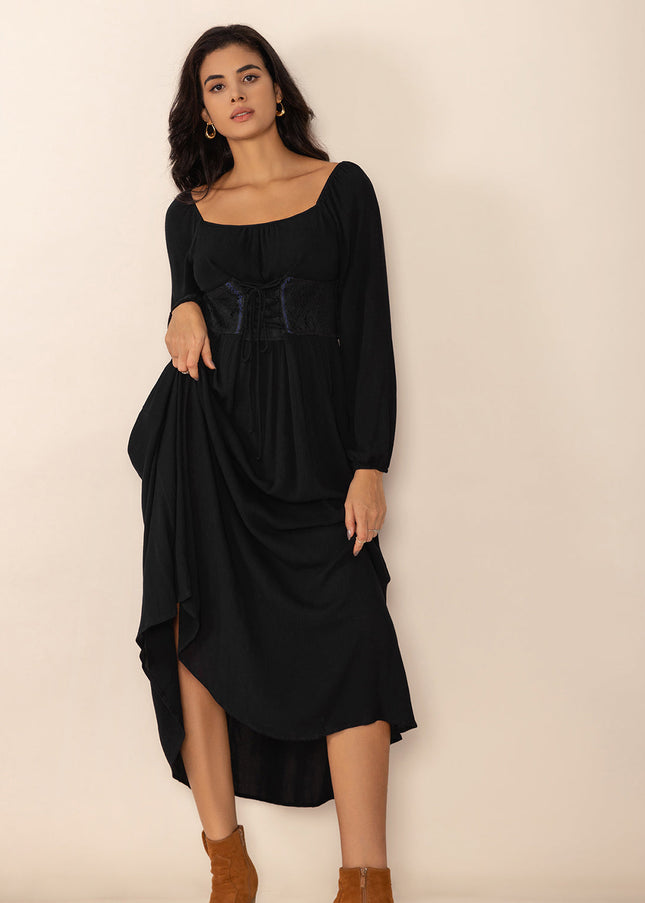 Lace-Up Square Neck Long Sleeve Midi Dress