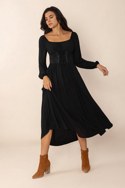 Lace-Up Square Neck Long Sleeve Midi Dress