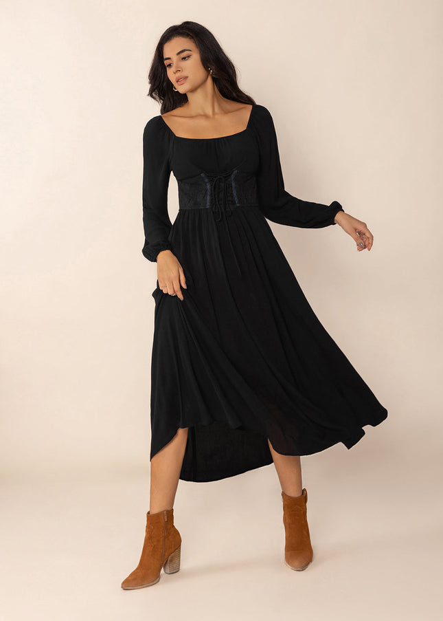 Lace-Up Square Neck Long Sleeve Midi Dress