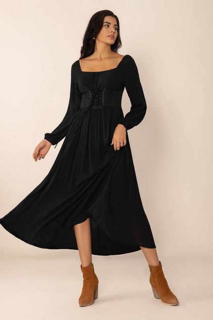 Lace-Up Square Neck Long Sleeve Midi Dress