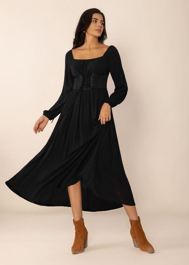 Lace-Up Square Neck Long Sleeve Midi Dress