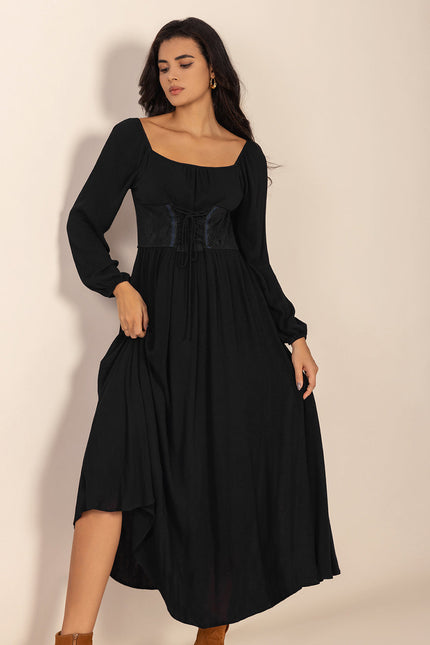 Lace-Up Square Neck Long Sleeve Midi Dress