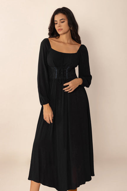 Lace-Up Square Neck Long Sleeve Midi Dress