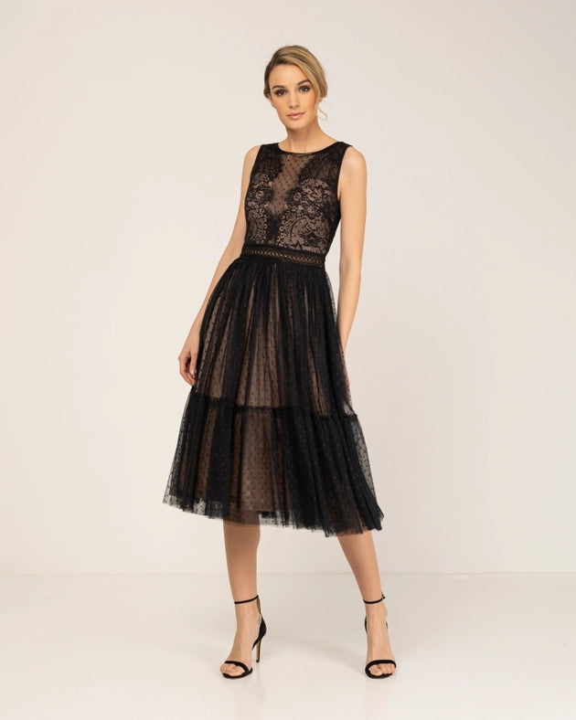 Lace midi dress and skirt with tulle ruffles