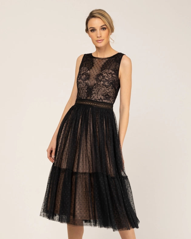 Lace midi dress and skirt with tulle ruffles