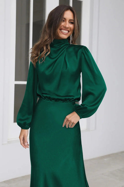 Ladies Elegant Satin Party Daily Midi Dress Gqtg Green