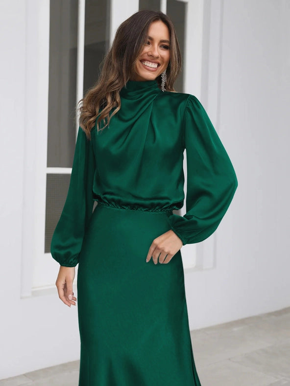 Ladies Elegant Satin Party Daily Midi Dress Gqtg Green