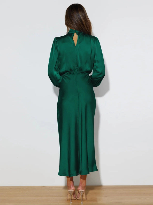 Ladies Elegant Satin Party Daily Midi Dress Gqtg Green