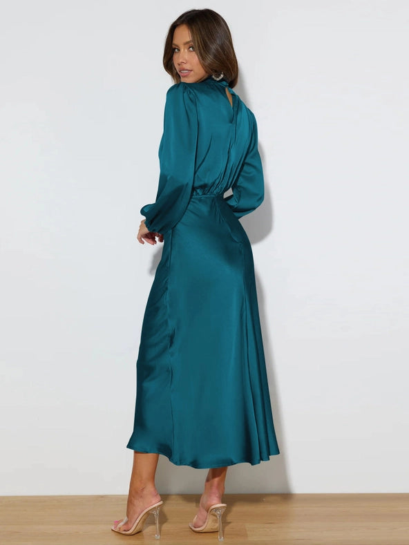 Ladies Elegant Satin Party Daily Midi Dress Gqtg Lake Blue