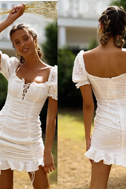 Ladies Eyelet White Bubble Sleeves Mini Dress