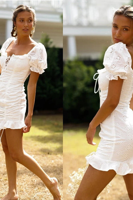 Ladies Eyelet White Bubble Sleeves Mini Dress