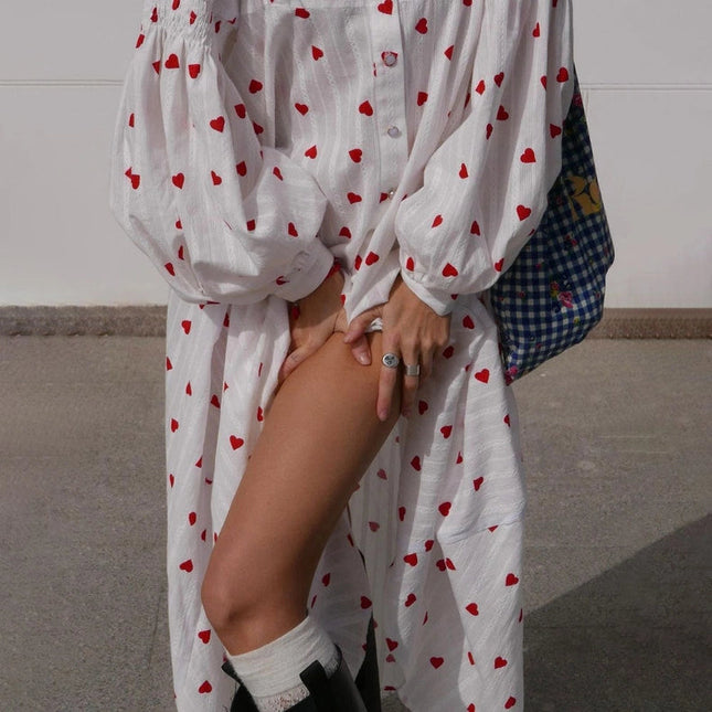 Ladies Heart Print Long Sleeves Maxi Dress