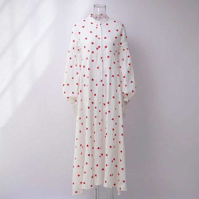 Ladies Heart Print Long Sleeves Maxi Dress