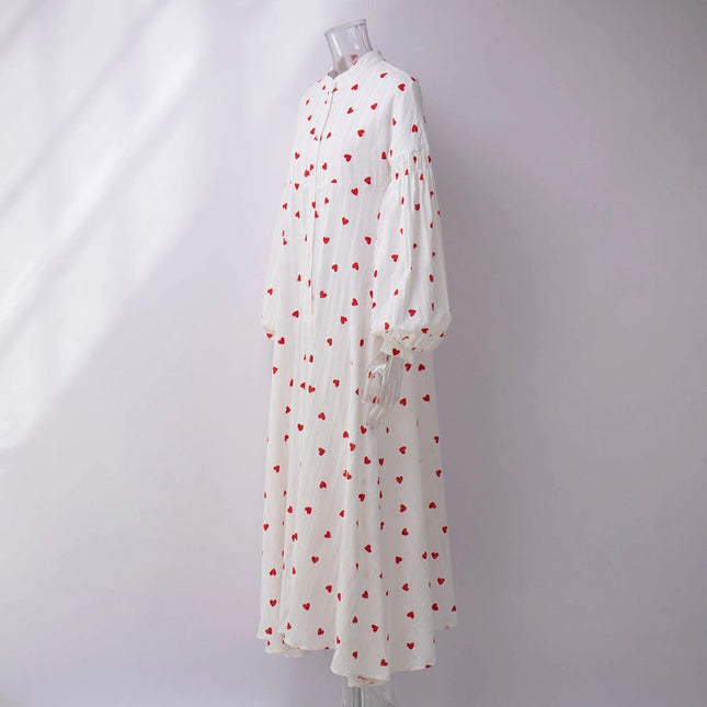 Ladies Heart Print Long Sleeves Maxi Dress