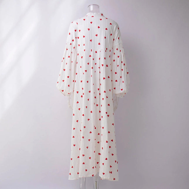 Ladies Heart Print Long Sleeves Maxi Dress