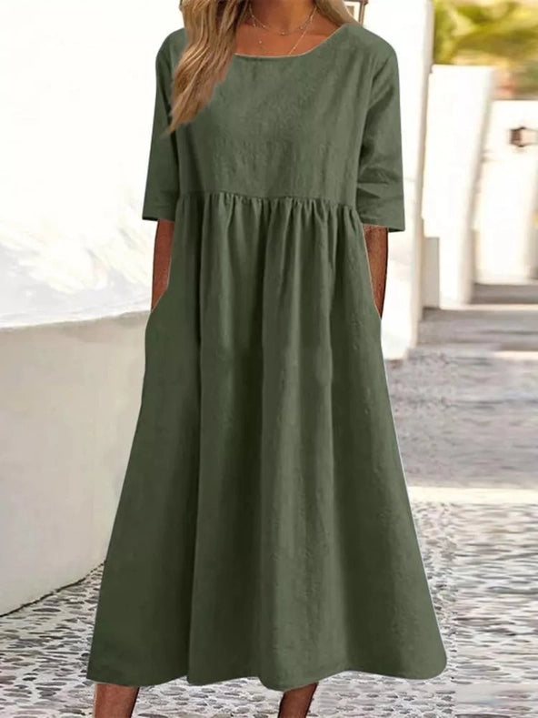 Ladies Round Neck Solid Color Daily Midi Dress