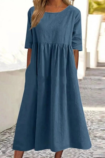 Ladies Round Neck Solid Color Daily Midi Dress