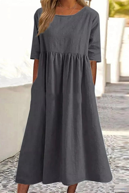 Ladies Round Neck Solid Color Daily Midi Dress