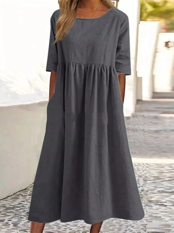 Ladies Round Neck Solid Color Daily Midi Dress