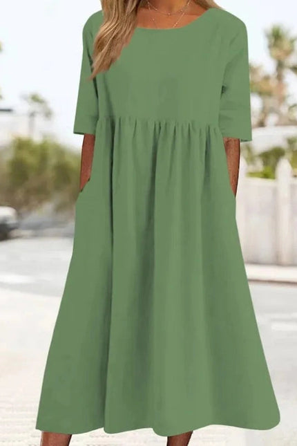 Ladies Round Neck Solid Color Daily Midi Dress