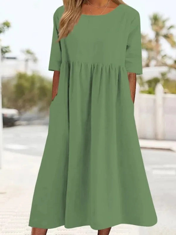 Ladies Round Neck Solid Color Daily Midi Dress