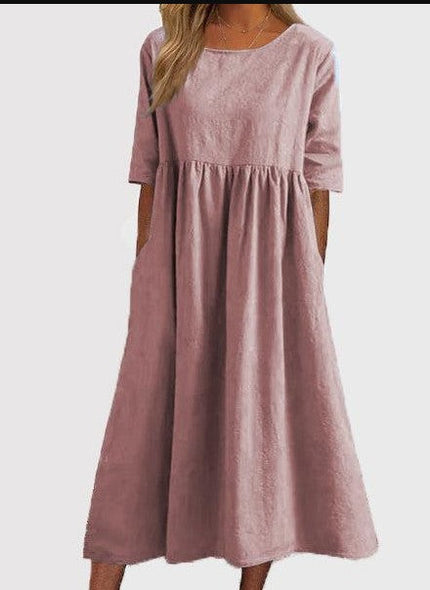 Ladies Round Neck Solid Color Daily Midi Dress