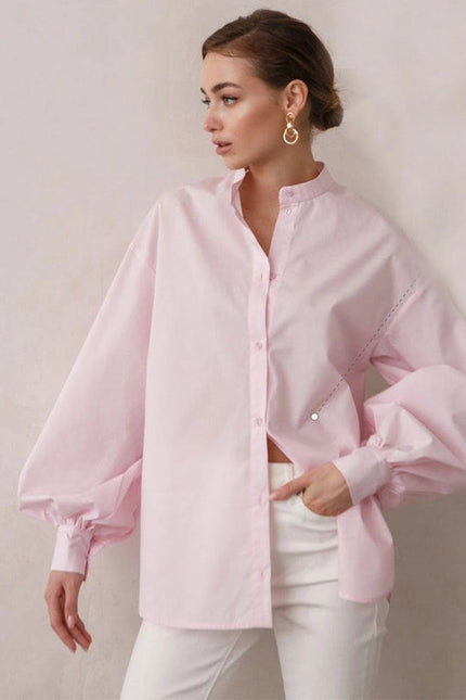 Ladies Solid Color Balloon Sleeves Shirt Light Pink