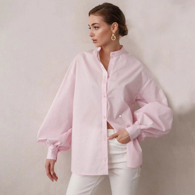 Ladies Solid Color Balloon Sleeves Shirt Light Pink