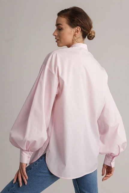 Ladies Solid Color Balloon Sleeves Shirt Light Pink