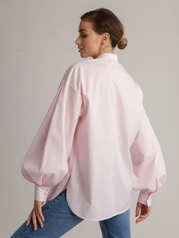 Ladies Solid Color Balloon Sleeves Shirt Light Pink