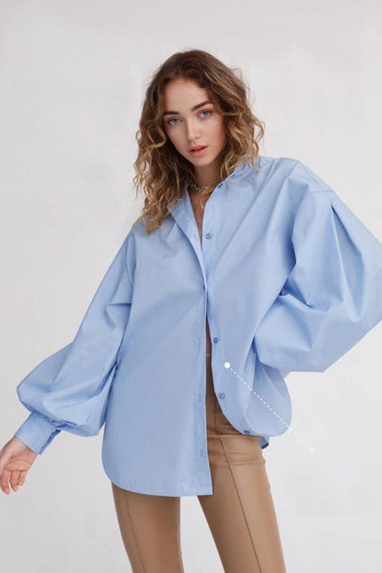 Ladies Solid Color Balloon Sleeves Shirt Sky Blue