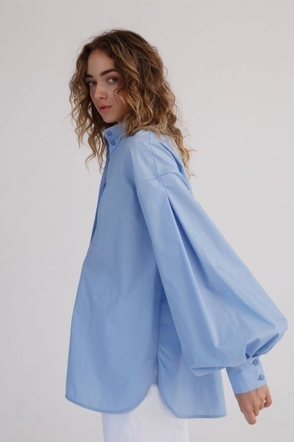 Ladies Solid Color Balloon Sleeves Shirt Sky Blue