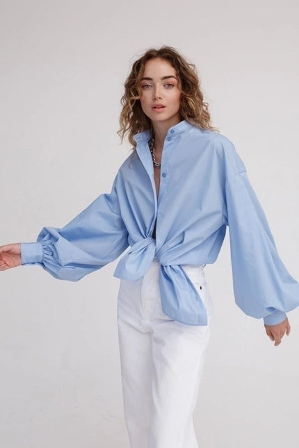 Ladies Solid Color Balloon Sleeves Shirt Sky Blue