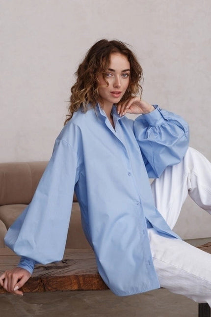 Ladies Solid Color Balloon Sleeves Shirt Sky Blue