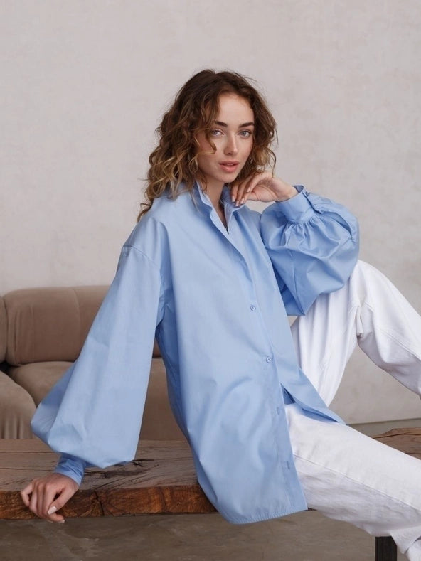 Ladies Solid Color Balloon Sleeves Shirt Sky Blue