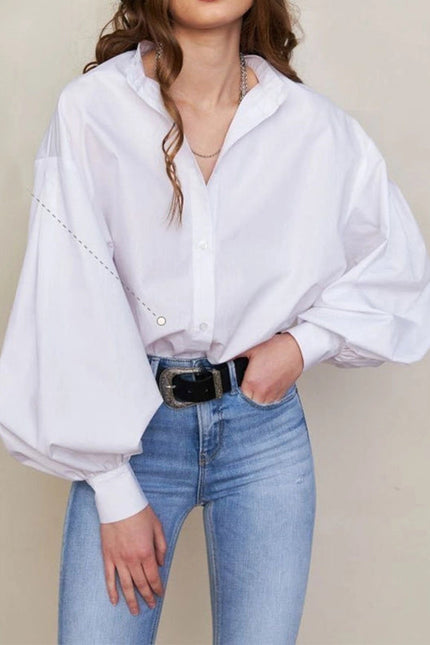 Ladies Solid Color Balloon Sleeves Shirt White