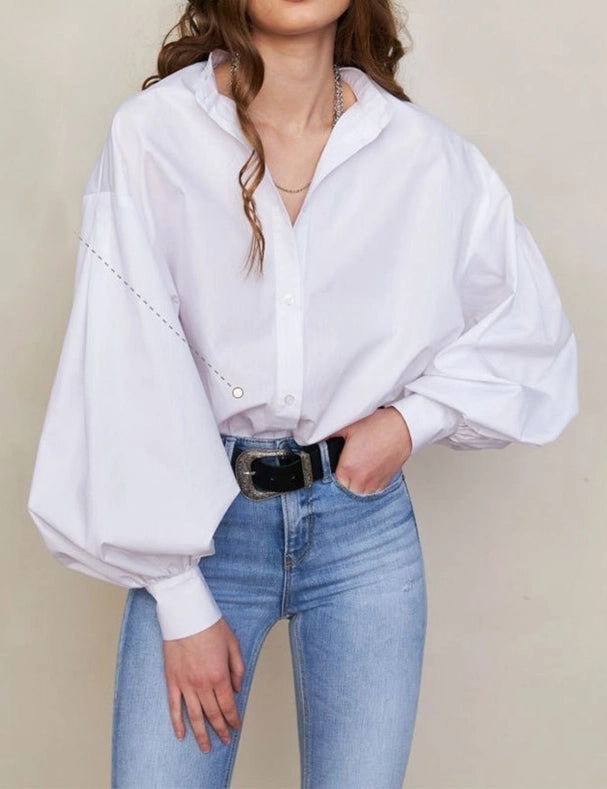 Ladies Solid Color Balloon Sleeves Shirt White