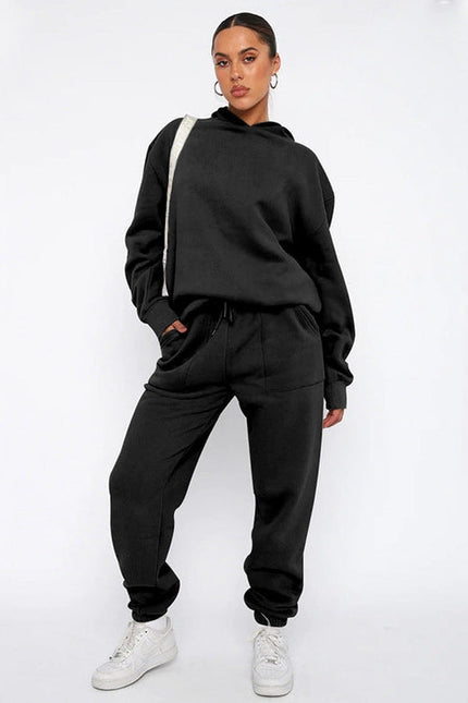 Ladies Solid Color Hoodie and Pants Sets Black