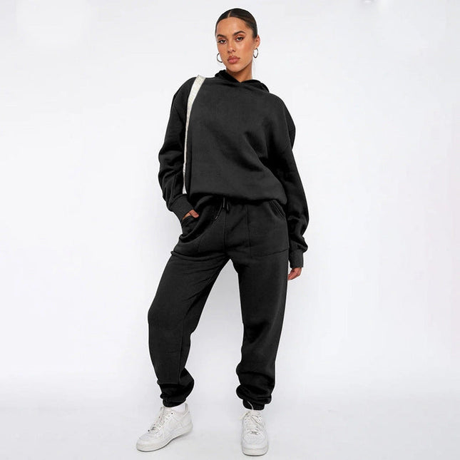 Ladies Solid Color Hoodie and Pants Sets Black