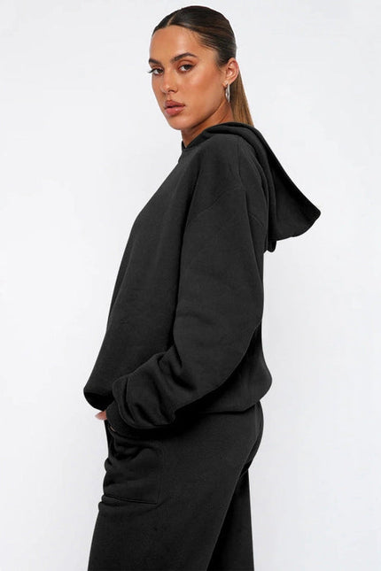 Ladies Solid Color Hoodie and Pants Sets Black