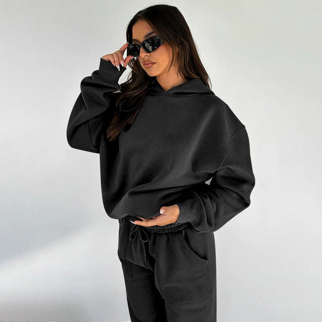 Ladies Solid Color Hoodie and Pants Sets Black