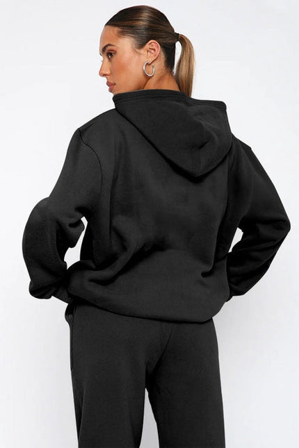 Ladies Solid Color Hoodie and Pants Sets Black