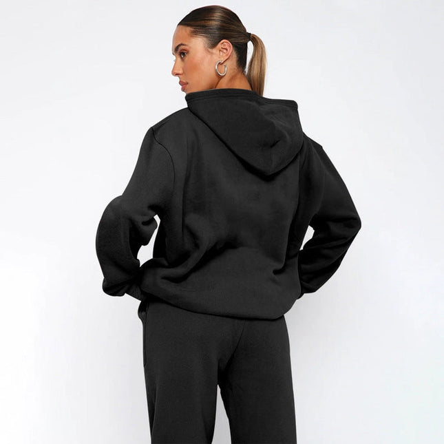 Ladies Solid Color Hoodie and Pants Sets Black