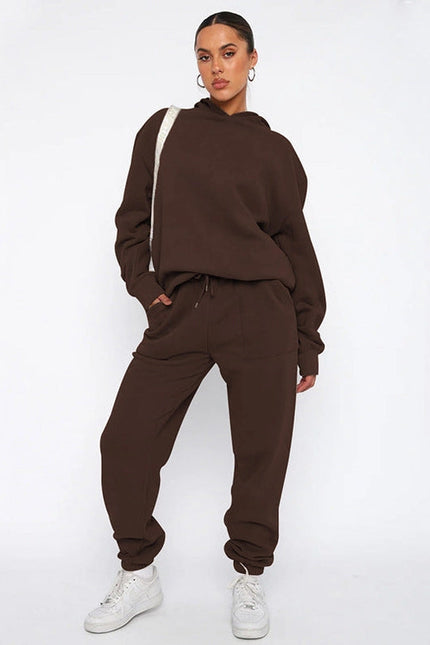 Ladies Solid Color Hoodie and Pants Sets Brown