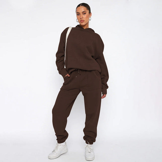 Ladies Solid Color Hoodie and Pants Sets Brown