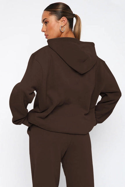 Ladies Solid Color Hoodie and Pants Sets Brown