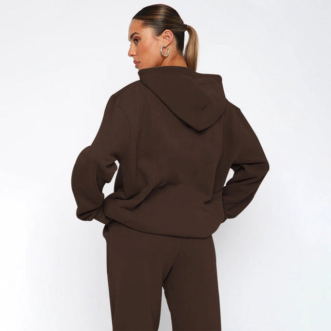 Ladies Solid Color Hoodie and Pants Sets Brown