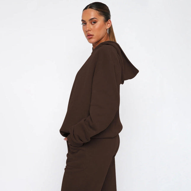 Ladies Solid Color Hoodie and Pants Sets Brown