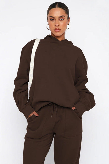 Ladies Solid Color Hoodie and Pants Sets Brown